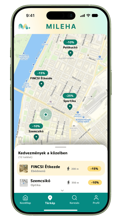 A MILEHA alkalmazás képernyője: térkép a közeli kedvezményekkel, alatta a kedvezmények listája.